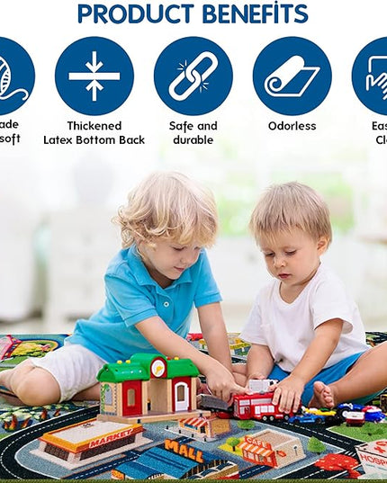 Booooom Jackson Kids Car Rug Playmat 31"X59" Car Mat for Kids Toy Cars Kids Rug with Roads for Playroom CarCarpet for Kids Race Car Play Rug for Toy Cars Play Carpet - LeafyLoom