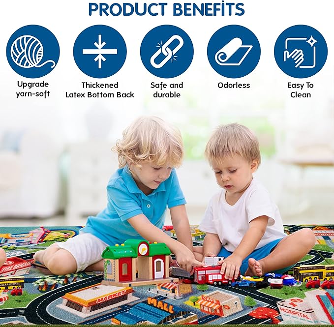 Booooom Jackson Kids Car Rug Playmat 31"X59" Car Mat for Kids Toy Cars Kids Rug with Roads for Playroom CarCarpet for Kids Race Car Play Rug for Toy Cars Play Carpet - LeafyLoom