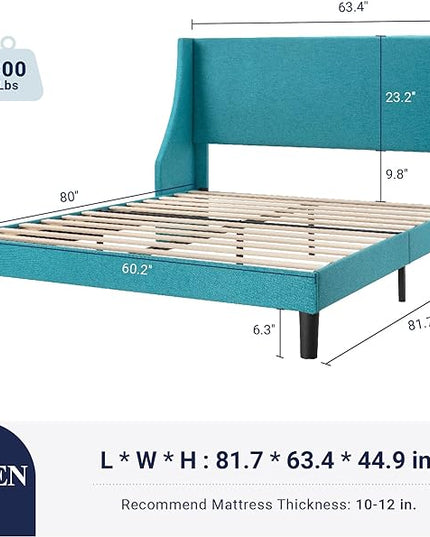 Allewie Queen Bed Frame, Platform Bed Frame Queen Size with Upholstered Headboard, Modern Deluxe Wingback, Wood Slat Support, Mattress Foundation, Peacock Green - LeafyLoom