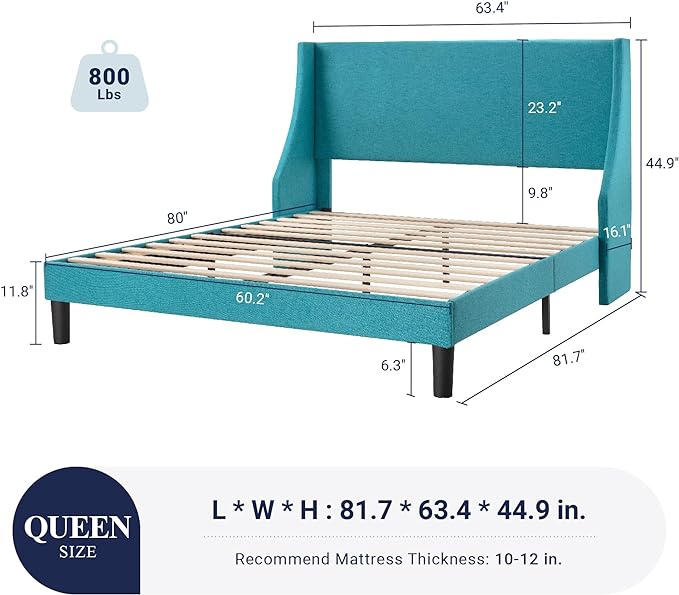 Allewie Queen Bed Frame, Platform Bed Frame Queen Size with Upholstered Headboard, Modern Deluxe Wingback, Wood Slat Support, Mattress Foundation, Peacock Green - LeafyLoom