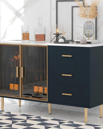 Modern Sideboard MDF with Marble Sticker Tabletop and Amber-Yellow Tempered Glass Doors,Freestanding Buffet Storage Cabinet,W/Gold Metal Legs & Handles,for Dining Room,Kitchen,Navy Blue, 60" - LeafyLoom