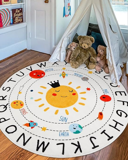 ABC Kids Rug,4 ft Washable Nursery Rug,Soft Plush Educational Circle Rug,Non-Slip Solar System Alphabet Rug for Classroom playroom Bedroom Kids Room Decor - LeafyLoom