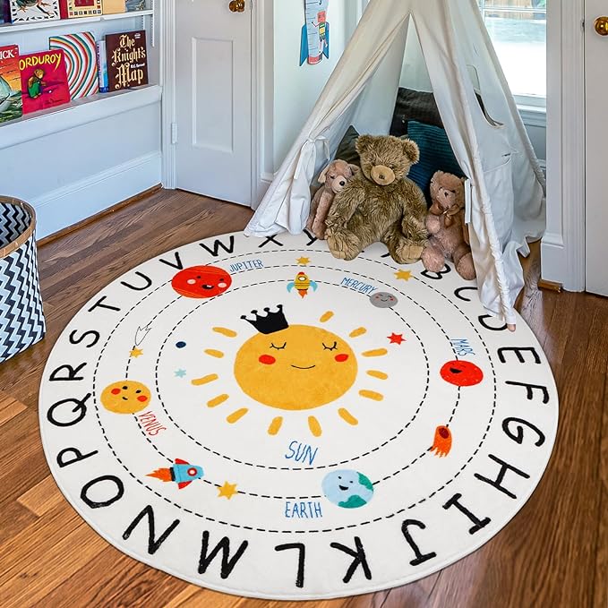 ABC Kids Rug,4 ft Washable Nursery Rug,Soft Plush Educational Circle Rug,Non-Slip Solar System Alphabet Rug for Classroom playroom Bedroom Kids Room Decor - LeafyLoom