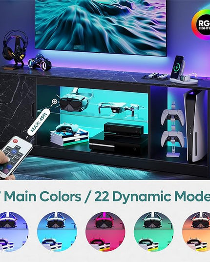 Bestier LED TV Stand with Power Outlets for 55/60/65 Inch TV, Gaming Entertainment Center with Cabinet for PS5, Modern TV Cabinet with Adjustable Glass Shelves for Living Room 58 Inch,Black Marble - LeafyLoom