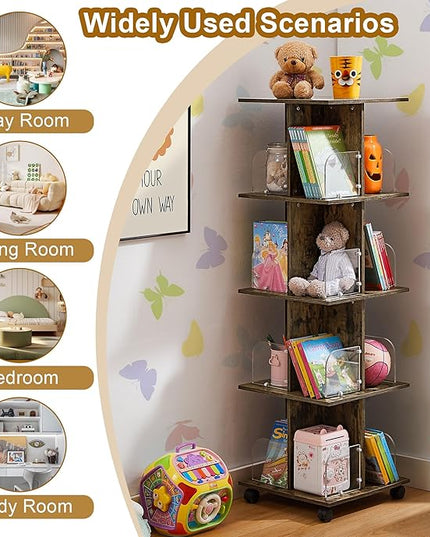 VECELO Rotating Bookshelf with Brake Wheels, 360°Display 4 Tier Floor Stackable Spinning-Bookshelf Tower for Kids&Adults, Revolving Bookcase for Small Space,Corner(Brown) - LeafyLoom
