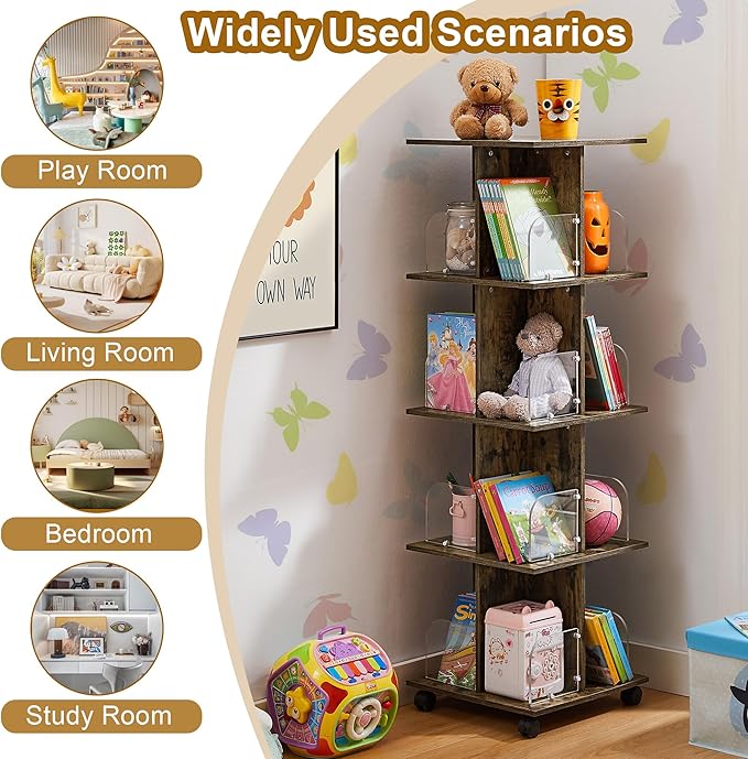 VECELO 4-Tier Rolling Bookshelf, Mobile Book Rack with Acrylic Windows, Storage Organizer Holder with Wheels for Bedroom, Living Room Home and Office, Space Saving, Brown - LeafyLoom