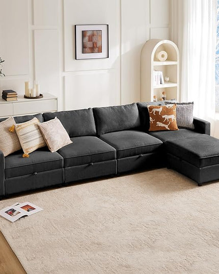 Sweetcrispy Convertible Sectional Sofa Couch, 5 Seat Sofa Set with Storage for Living Room, L-Shaped Modern Modular Sofa Sleeper with Ottoman, Comfy Sofa Couch with Extra Deep Seats, Grey - LeafyLoom