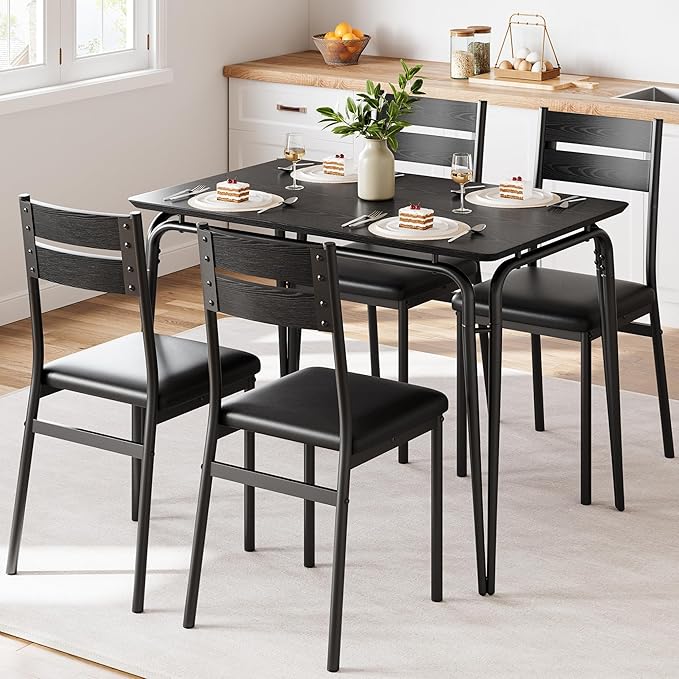 Black Dining Table Set for 4, Kitchen Table and Chairs for 4, 5 Piece Kitchen Dining Room Table Set,Space-Saving Wood Modern Rectangle Dinner Table Dinette Furniture for Breakfast Nook,Home Office - LeafyLoom