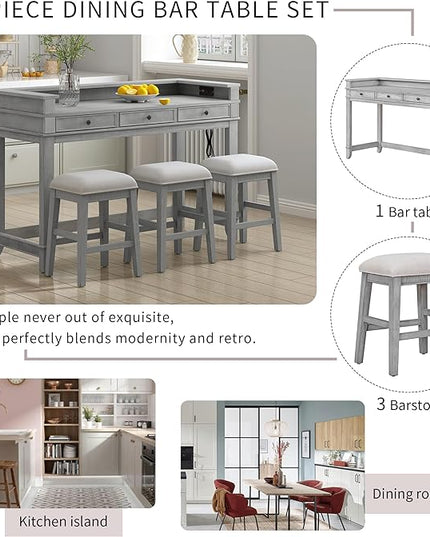 NicBex Kitchen Table Chairs Set of 4 Dining Table Set 4-Piece Dining Bar Table Set with 3 Upholstered Stools, Multifunctional Dining Table with 3 Drawers for Living Room, Gray - LeafyLoom