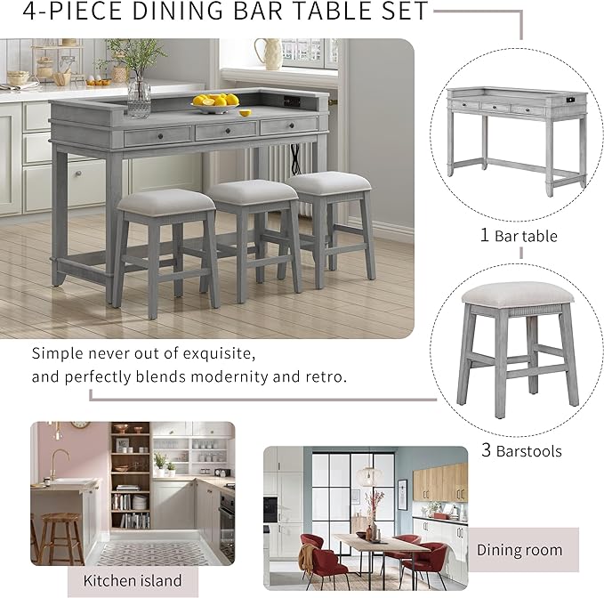 NicBex Kitchen Table Chairs Set of 4 Dining Table Set 4-Piece Dining Bar Table Set with 3 Upholstered Stools, Multifunctional Dining Table with 3 Drawers for Living Room, Gray - LeafyLoom