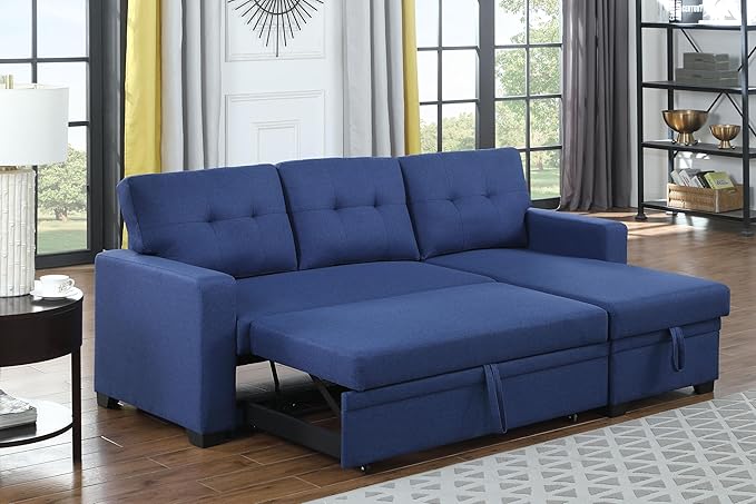 Sectional Sofa with Tufted Seat & Back Cushion,Solid Wood Frame Dsign, Linen Reversible w/Storage Chaise and Pull-Out Sleeper for Home, Small Space Apartment, 82 Inch, Blue - LeafyLoom