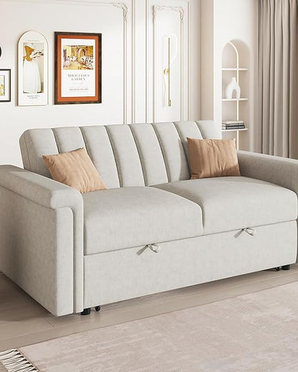 3 in 1 Oversized Convertible Loveseat Sleeper Sofa Bed,Contemporary Channel Tufted Love Seats Sofabed W/Pull Out Sleep Couch,Thicker Cushions and Padded Armrests for Living Room, 61", Beige-368 - LeafyLoom