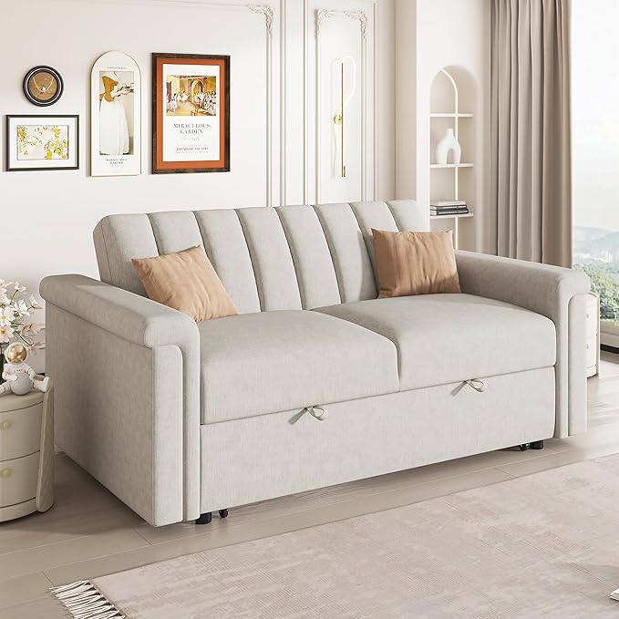 3 in 1 Oversized Convertible Loveseat Sleeper Sofa Bed,Contemporary Channel Tufted Love Seats Sofabed W/Pull Out Sleep Couch,Thicker Cushions and Padded Armrests for Living Room, 61", Beige-368 - LeafyLoom