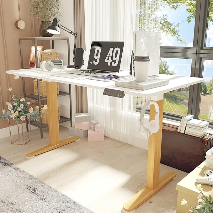 Monomi Electric Standing Desk, 55 x 28 inches Height Adjustable Desk, Ergonomic Home Office Sit Stand Up Desk with Memory Preset Controller (White Top/Wood Grain Frame) - LeafyLoom