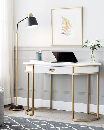 Leick Home 85405 Home Office Computer Desk with Dropfront Keyboard Drawer, Furniture, Cottage White/Gold - LeafyLoom