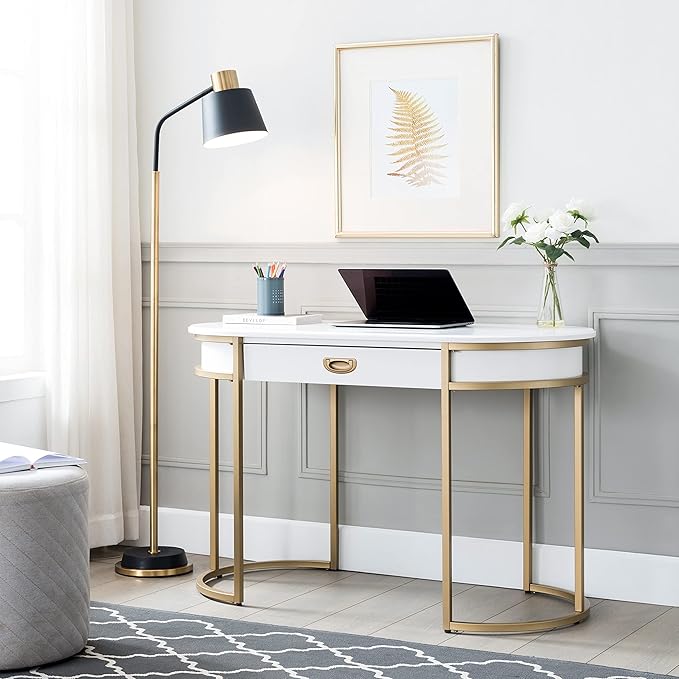 Leick Home 85405 Home Office Computer Desk with Dropfront Keyboard Drawer, Furniture, Cottage White/Gold - LeafyLoom