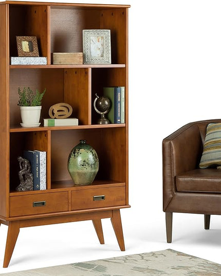 SIMPLIHOME Draper SOLID HARDWOOD 35 Inch Mid Century Modern Wide Bookcase and Storage Unit in Teak Brown, For the Living Room, Study Room and Office - LeafyLoom
