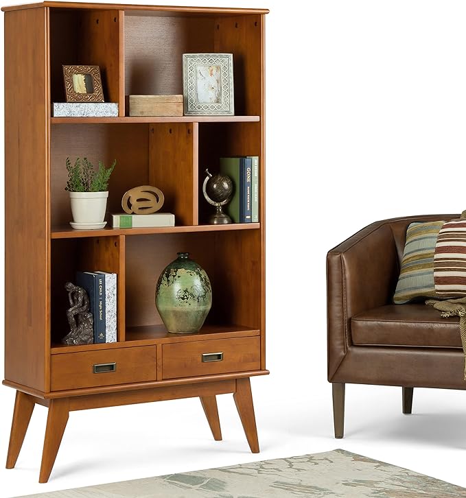 SIMPLIHOME Draper SOLID HARDWOOD 35 Inch Mid Century Modern Wide Bookcase and Storage Unit in Teak Brown, For the Living Room, Study Room and Office - LeafyLoom