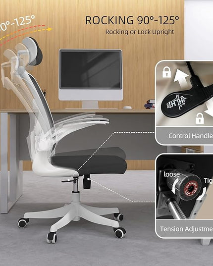 Office Chair, Ergonomic Office Chair with Lumbar Support & 3D Headrest & Flip Up Arms Home Office Desk Chairs Rockable High Back Swivel Computer Chair White Frame Black Mesh Study Chair - LeafyLoom