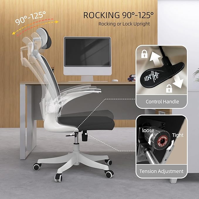 Office Chair, Ergonomic Office Chair with Lumbar Support & 3D Headrest & Flip Up Arms Home Office Desk Chairs Rockable High Back Swivel Computer Chair White Frame Black Mesh Study Chair - LeafyLoom