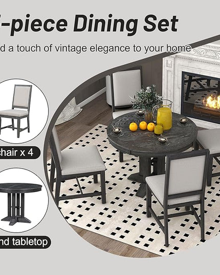 5-Piece Farmhouse Extendable Dining Table Set for 4, Including Round Wooden Tabletop, 4 Upholstered Chairs, Ideal for Kitchen, Living Room, Black, Onesize - LeafyLoom