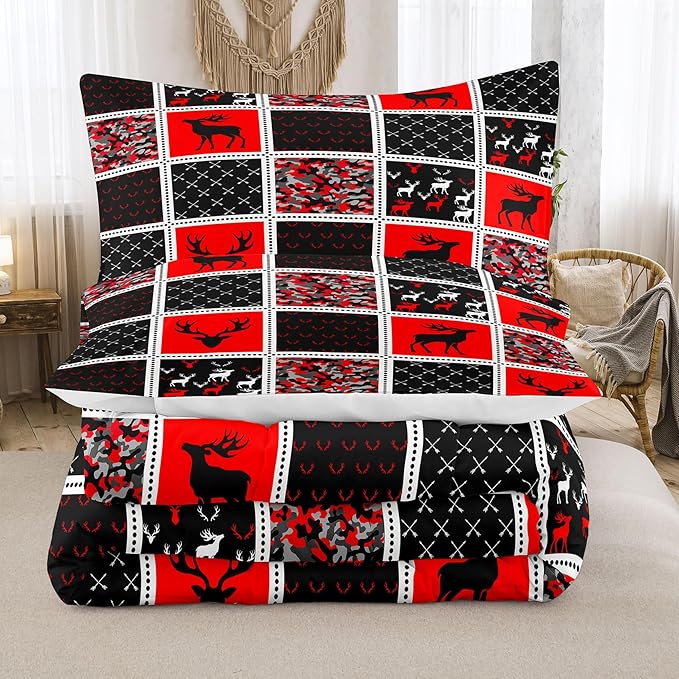 Tailor Shop Deer Comforter Sets for Kids Boys Teens Camo Comforter Sets Twin Size Black and Red Bedding Set Room Decor, Deer Antlers Bed Sets with 1 Pillowcase… - LeafyLoom