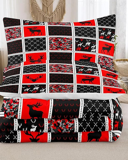 Tailor Shop Deer Comforter Sets for Kids Boys Teens Camo Comforter Sets King Red and Black Bedding Set Room Decor with 2 Pillowcase - LeafyLoom
