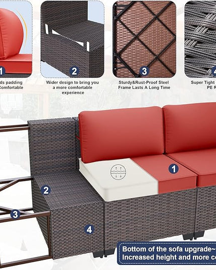 Patio Furniture Sectional Sofa 10 Pieces PE Rattan Patio Conversation Set w/43in Gas Fire Pit Table, Outdoor Furniture with 55000 BTU Propane Fire Pit, Red - LeafyLoom