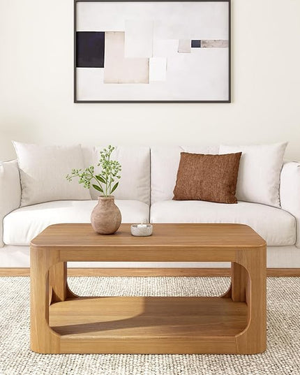 Plank+Beam Small Forma Coffee Table, Solid Wood 40 Inch Modern Coffee Table with Shelf, Contemporary Center Table with Storage Space, Rectangle Tea Table with Storage, Pecan - LeafyLoom