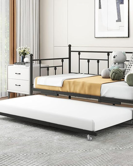 Twin Daybed with Trundle/Steel Slat Support/Space Saving Trundle Bed and Multi-Functional Furniture for Living Room and Guest Room, Black - LeafyLoom