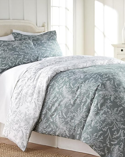 Southshore Fine Living, Inc. Full/Queen Comforter Set, Down Alternative Floral Comforter with Matching Shams, Reversible Print is 2 Colors in 1, Fits Queen & Full Beds, Winter Brush Green/White - LeafyLoom