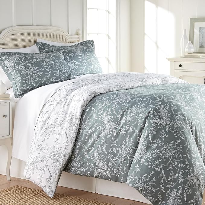 Southshore Fine Living, Inc. Full/Queen Comforter Set, Down Alternative Floral Comforter with Matching Shams, Reversible Print is 2 Colors in 1, Fits Queen & Full Beds, Winter Brush Green/White - LeafyLoom