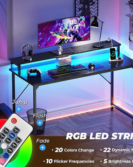 SUPERJARE 55 inch Computer Desk with LED Lights & Power Outlets, Gaming Desk with Monitor Shelf, Small Office Desk for Home & Office, Black - LeafyLoom