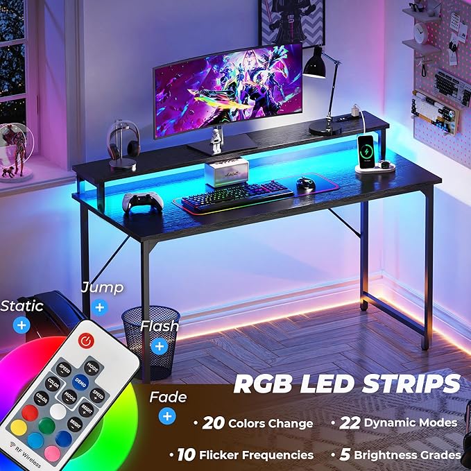 SUPERJARE 55 inch Computer Desk with LED Lights & Power Outlets, Gaming Desk with Monitor Shelf, Small Office Desk for Home & Office, Black - LeafyLoom