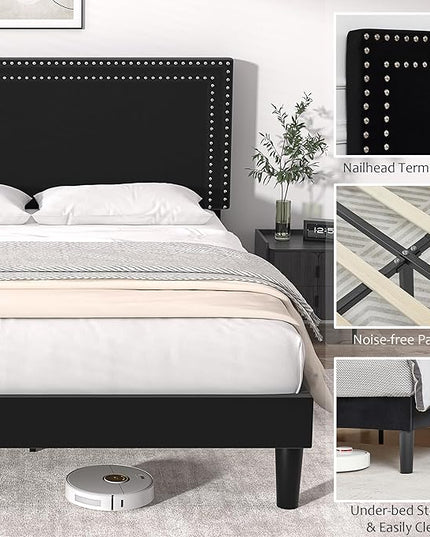 VECELO Full Size Platform Bed Frame with Adjustable Upholstered Headboard, Modern Mattress Foundation,Strong Wood Slat Support, No Box Spring Needed, Easy Assembly - LeafyLoom