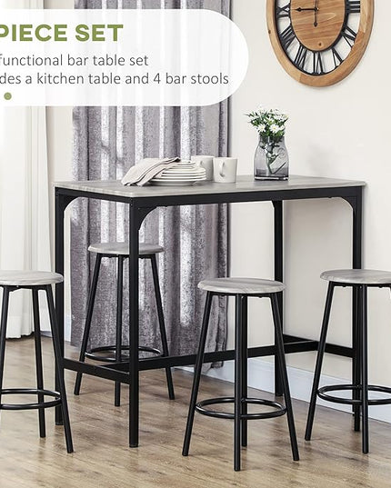 HOMCOM 5-Piece Counter Height Bar Table Set, Rustic 43.25" Dining Table with 4 Bar Stools, Kitchen Table with Wooden Top for Pub, Dining Room, Gray - LeafyLoom