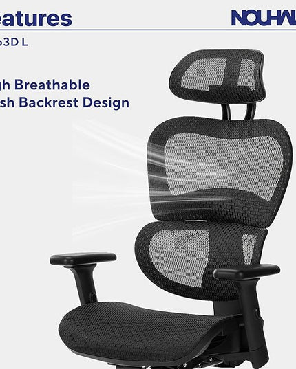 Nochaus Ergo3dL home office desk chairs ergonomic office chair High-Back Mesh Rolling Work Chairs with Wheels and Adjustable Headrests Comfortable Lumbar Support Adjustable Armrests - LeafyLoom