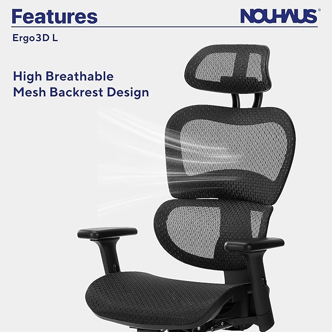 Nochaus Ergo3dL home office desk chairs ergonomic office chair High-Back Mesh Rolling Work Chairs with Wheels and Adjustable Headrests Comfortable Lumbar Support Adjustable Armrests - LeafyLoom