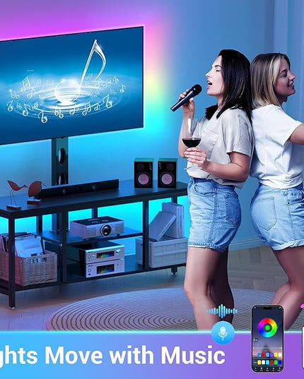 Corner TV Stand LED, Universal TV Mount Stand for 32-60" TV, Height Adjustable Swivel TV Console Wood & Steel Entertainment Center with Mount, Cabinet, Power Outlet, Colorful LED Light, Black - LeafyLoom