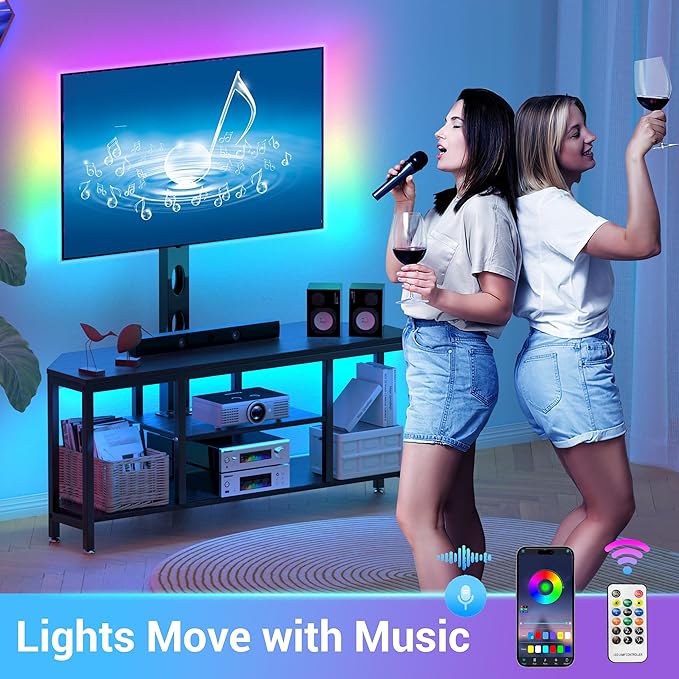 Corner TV Stand LED, Universal TV Mount Stand for 32-60" TV, Height Adjustable Swivel TV Console Wood & Steel Entertainment Center with Mount, Cabinet, Power Outlet, Colorful LED Light, Black - LeafyLoom