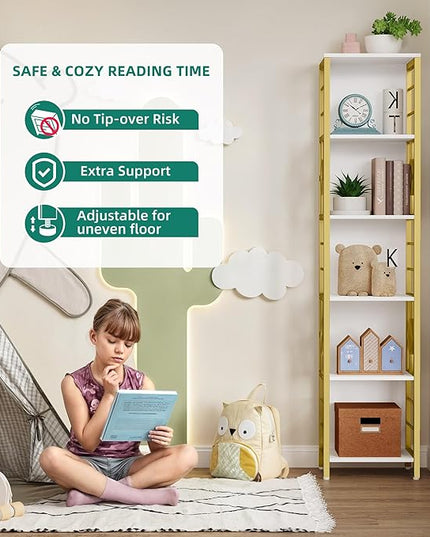 YITAHOME Narrow Bookshelf, 5-Tier White and Gold Book Shelf Storage Rack, Display Shelves Stand Etagere for Small Spaces, Open Bookcase for Bedroom Living Room Bathroom Kitchen, Gold - LeafyLoom