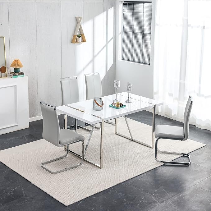 Dining Chairs Set, Kitchen Modern Metal Chairs with Faux Leather Padded Seat High Back and Sturdy Chrome Legs, Chairs for Dining Room (Light Gray, Set of 4) - LeafyLoom