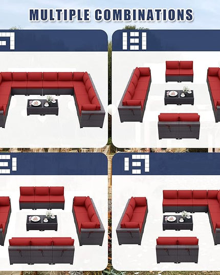 Patio Furniture Set 14-Pieces Outdoor Furniture for Backyard Wicker Sectional Sofa Set, Rattan Patio Conversation Set with Thickened Cushions and Glass Coffee Table, Red - LeafyLoom