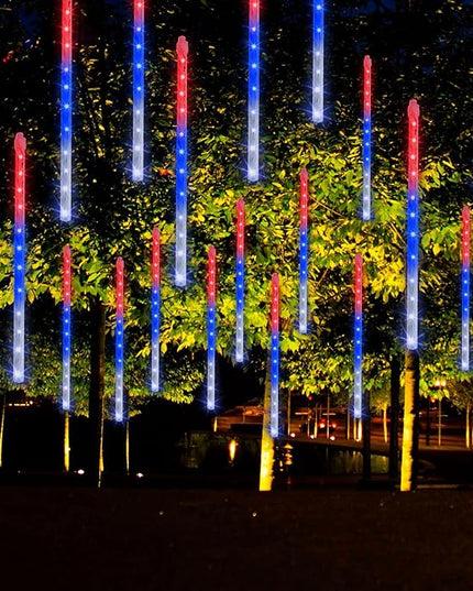 Dazzle Bright 4th of July Lights Decorations, 288LED Red Blue and White Meteor Shower Rain Lights 12Inch 8 Tubes, Waterproof Plug in Falling Rain Lights Independence Day for Outdoor Yard DazzleBright