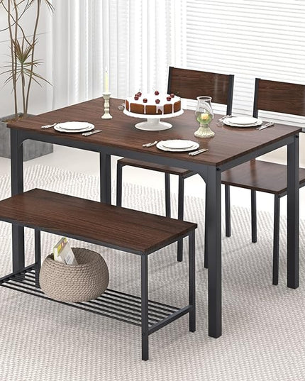 SogesHome 4-Piece Kitchen Table and 2 Chairs for 4 with Bench, Dining Table Set for Small Space, Apartment, Living-Room, Restaurant, Dark Walnut - LeafyLoom