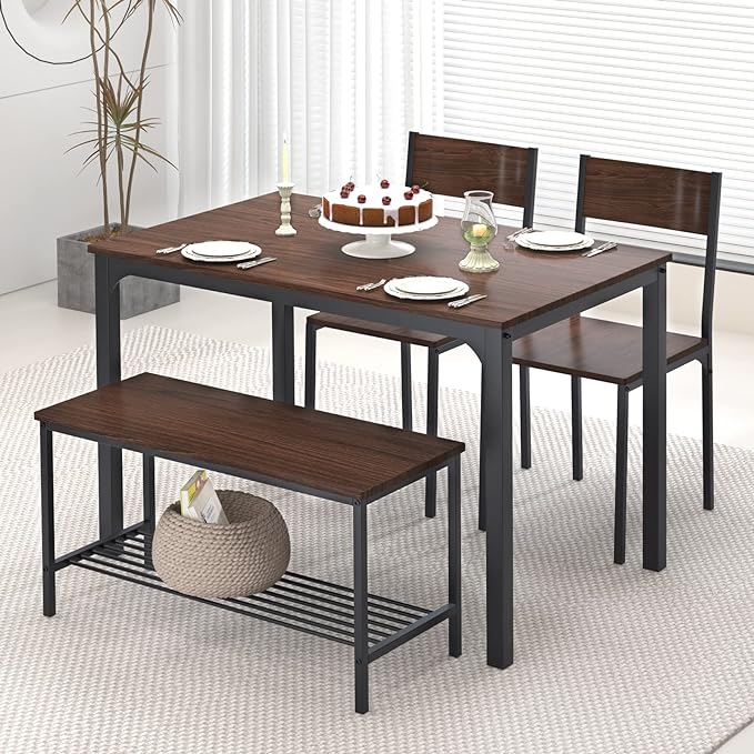 SogesHome 4-Piece Kitchen Table and 2 Chairs for 4 with Bench, Dining Table Set for Small Space, Apartment, Living-Room, Restaurant, Dark Walnut - LeafyLoom
