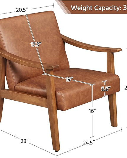 Yaheetech PU Leather Accent Chair, Mid-Century Modern Armchair with Solid Wood Legs, Reading Leisure Chair with High Back for Living Room Bedroom Waiting Room, Light Brown - LeafyLoom