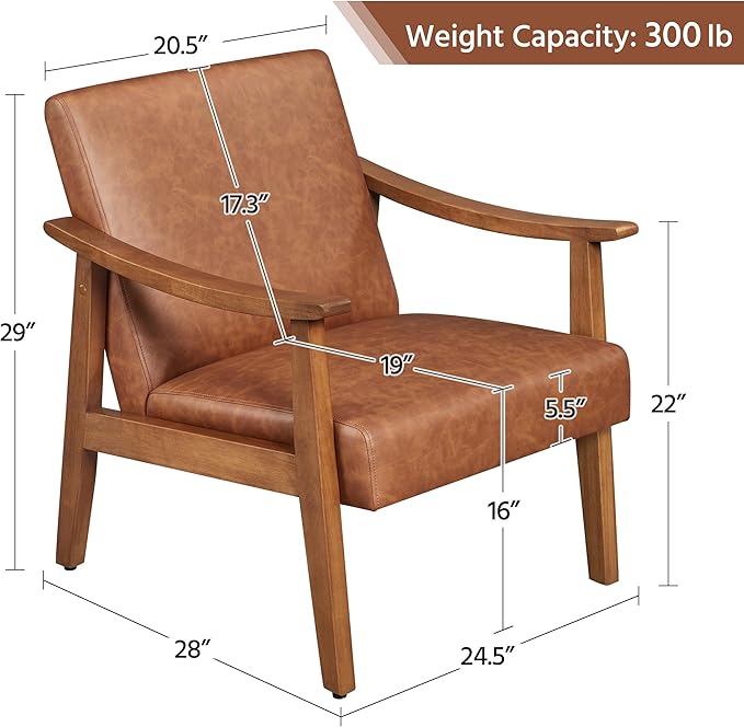 Yaheetech PU Leather Accent Chair, Mid-Century Modern Armchair with Solid Wood Legs, Reading Leisure Chair with High Back for Living Room Bedroom Waiting Room, Light Brown - LeafyLoom