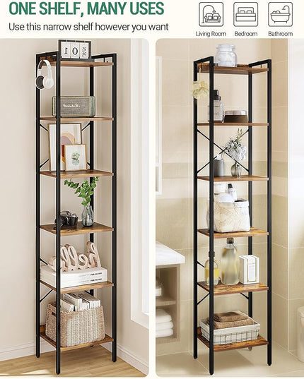 Bookshelf, Book Shelf, Industrial Bookcase with 2 Hooks, Coner Shelf Storage Organizer for Home Office, Living Room, Bedroom, Kitchen, 6-Tier Rustic Brown BC10701B - LeafyLoom