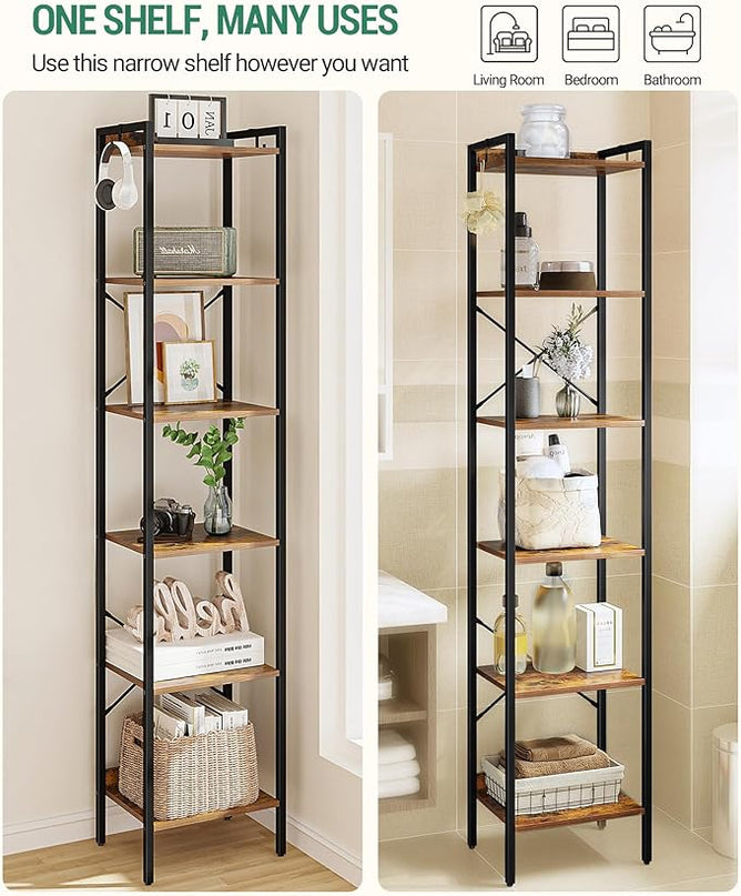 Bookshelf, Book Shelf, Industrial Bookcase with 2 Hooks, Coner Shelf Storage Organizer for Home Office, Living Room, Bedroom, Kitchen, 6-Tier Rustic Brown BC10701B - LeafyLoom